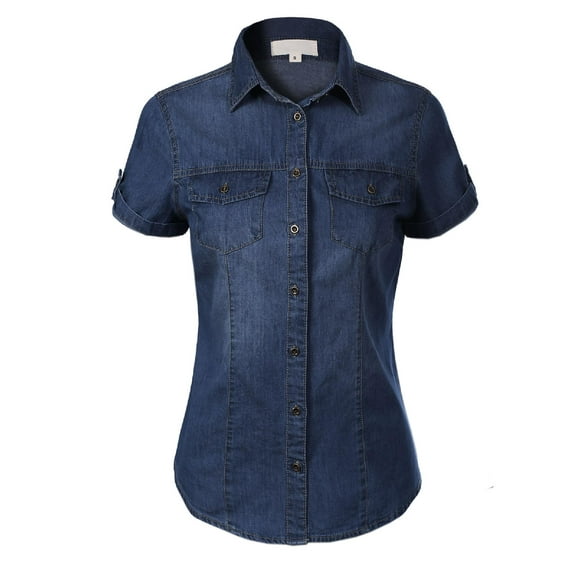 Made by Olivia Women's Cap Sleeve Button Down Denim Chambray Shirt