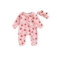 thumbnail image 1 of Infant Girl Jumpsuit Strawberry Print Long Sleeve Romper + Headband, 1 of 7
