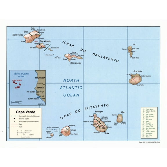 Palmetto Posters 34x21 Laminated Poster: Large scale political and administrative map of cape verde with relief roads and major cities