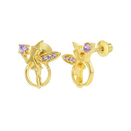 18k Gold Plated Little Fairy Purple Screw Back Earrings for Kids Girls