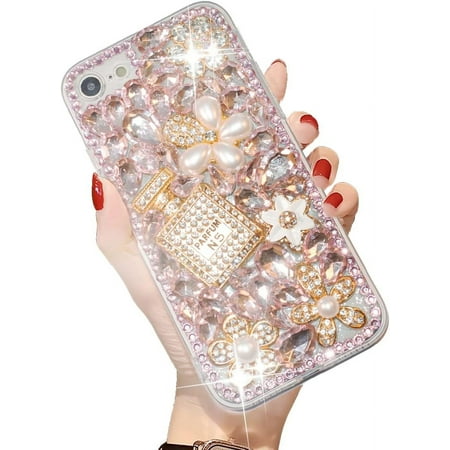 for iPhone SE 2020 Case/iPhone 8 Case/iPhone 7 Case,Luxury Bling Diamond Rhinestone Gemstone 3D Perfume Bottle and Flower Gemstone Soft TPU Back Cover Case for Women with iPhone 8/7 4.7 inch