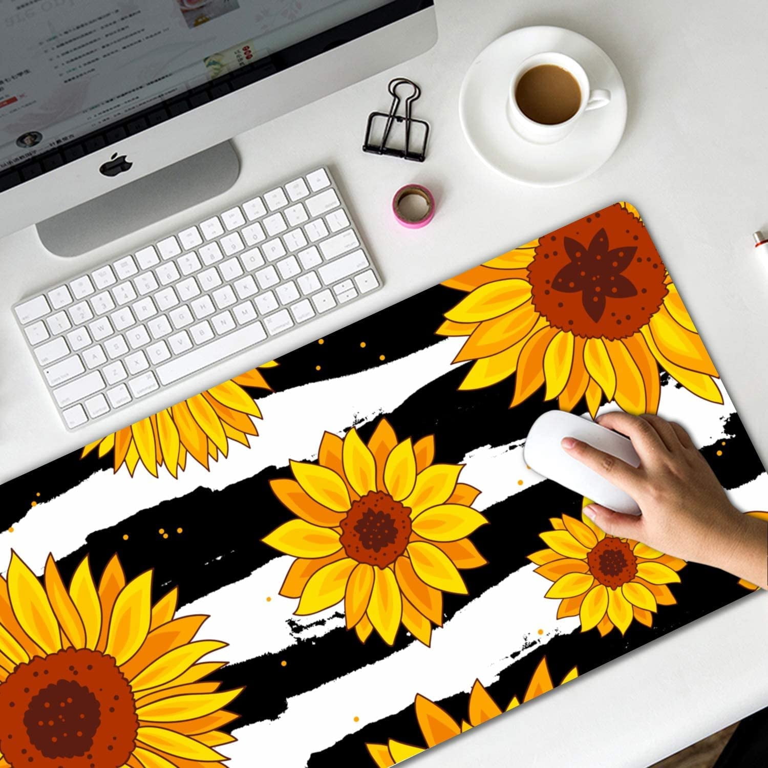 Extended Gaming Mouse Pad (31.5x11.8 in), Large Non-Slip Rubber Base Mousepad,Waterproof Keyboard Mouse Mat Desk Pad for Work, Game, Office, Home - Black and White Yellow Flower Sunflower