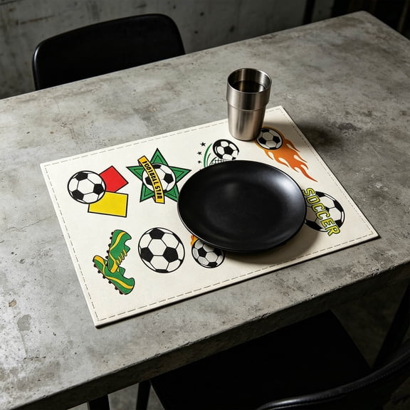 HomeKingdee Linen Printed Placemat - Soccer Themed Table Mat For Dining Kitchen Table Decoration