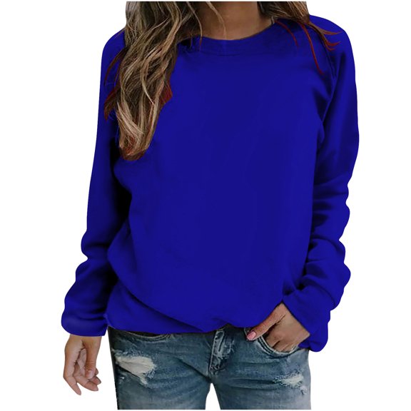ZQGJB Lightweight Pullover Sweatshirts for Women Fall Winter Solid Color Long Sleeve Casual T-Shirts Tops Loose Relaxed Fitted Cotton Blouse Blue XXL