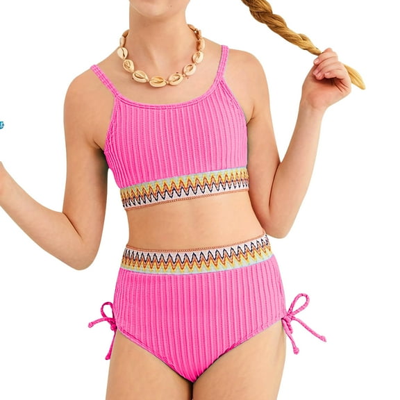 Gelikeya Girls Swimsuits Teen Girls Two Piece Bathing Suit High Waist Bikini Set with Chest Pad Color Block Swimwear 9-16T #01 Hot Pink & 9-10 Years