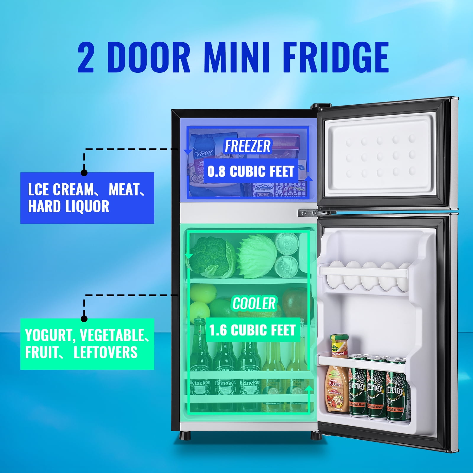 Tacool 2.4 Cu.ft Mini Fridge with Freezer, Apartment Size Refrigerator, Silver, New