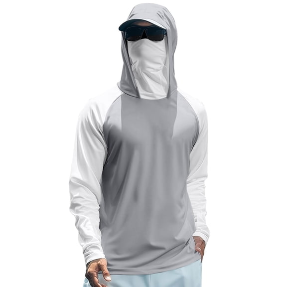 Men's UPF 50 Hooded Sun Shirt, Lightweight Long Sleeve Fishing Shirt with Hood, Quick-Dry Rash Guard Sun Protective Shirt for Hiking, Beach, and Outdoor Activities Grey L