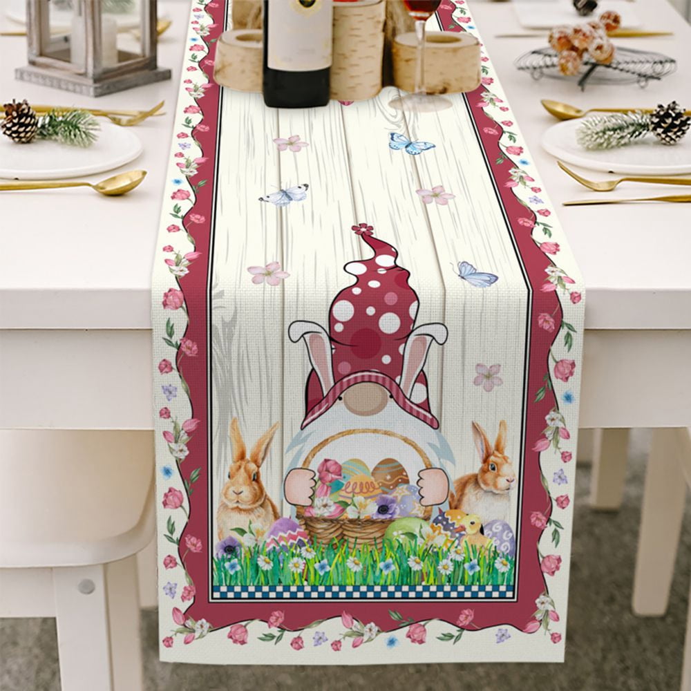 Happy Easter Day Cotton Rectangle Table Runner Colorful Painted Rabbits and Eggs in Play Linens Non-Slip Runners for Spring Holiday Home Kitchen Party Decorations 13 x 90 