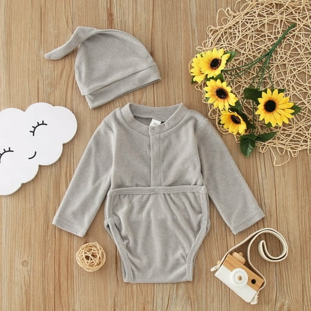

Baby Girls Boys Solid Autumn Long Sleeve Romper Bodysuit Hat Clothes Gray 80