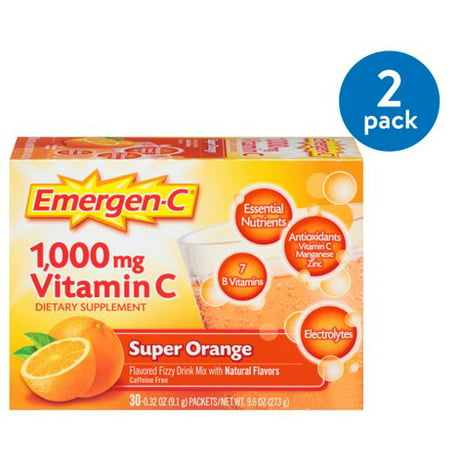 (2 Pack) Emergen-C (30 Count Super Orange Flavor 1 Month Supply) Dietary Supplement Fizzy Drink Mix with 1000mg Vitamin C 0.32
