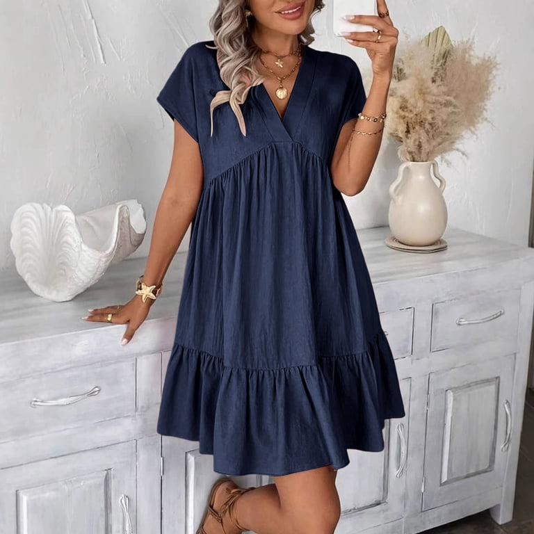 Bosfbaoi Dresses For Women V Neck Batwing Sleeve Summer Dress Empire Waist A-Line Babydoll Dress Ruffle Hem Women Dresses Loose Casual Sundress,