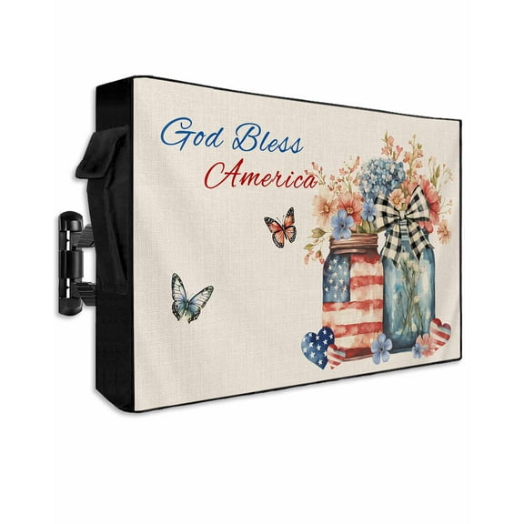 Outdoor TV Cover 52 to 55 Inch Weatherproof, Independence Day Spring Floral Love Heart Rustic 600D Oxford TV Covers with Waterproof Zipper, Outside Flat TV Screen Protector 52"Wx19"Hx4.5"D