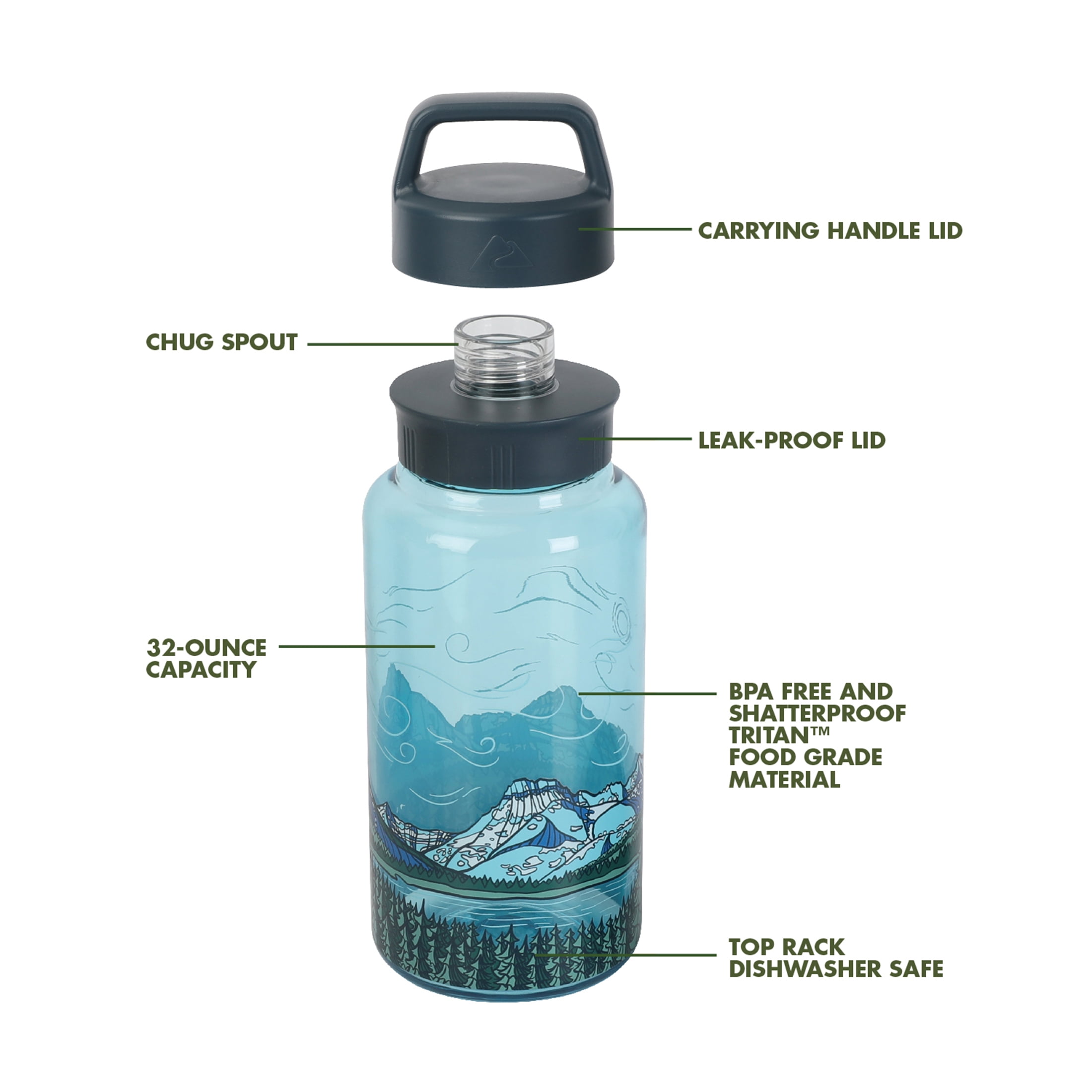 Ozark Trail 32 oz Tritan Plastic Chug Water Bottle, Alpine Summit