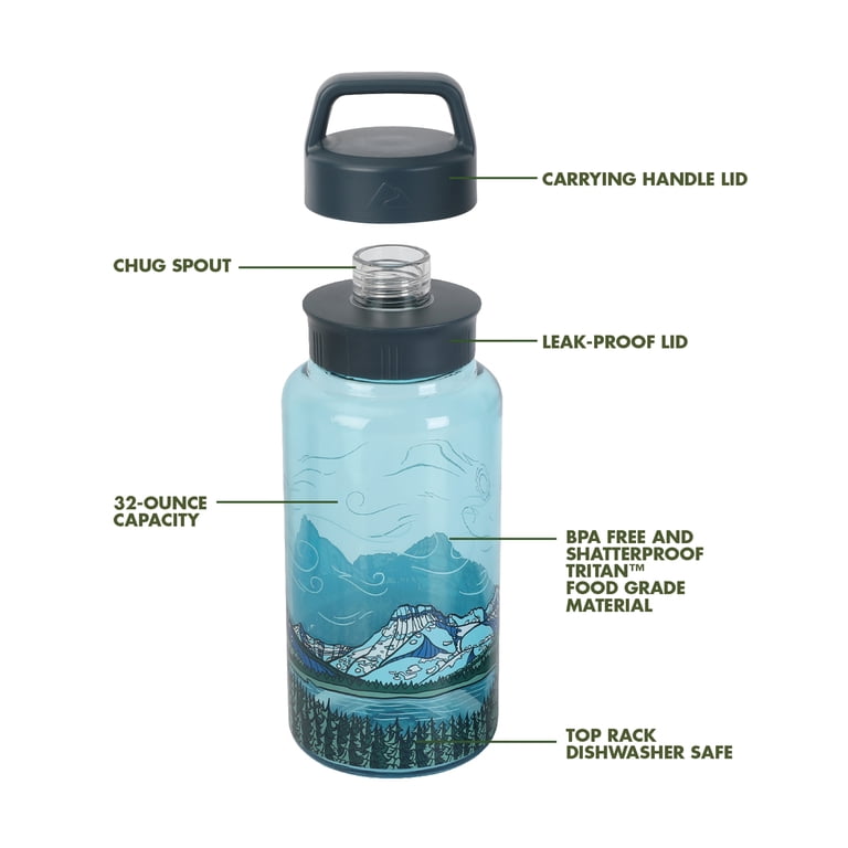 Ozark Trail 32 oz Tritan Chug Water Bottle, Green, Alpine Summit
