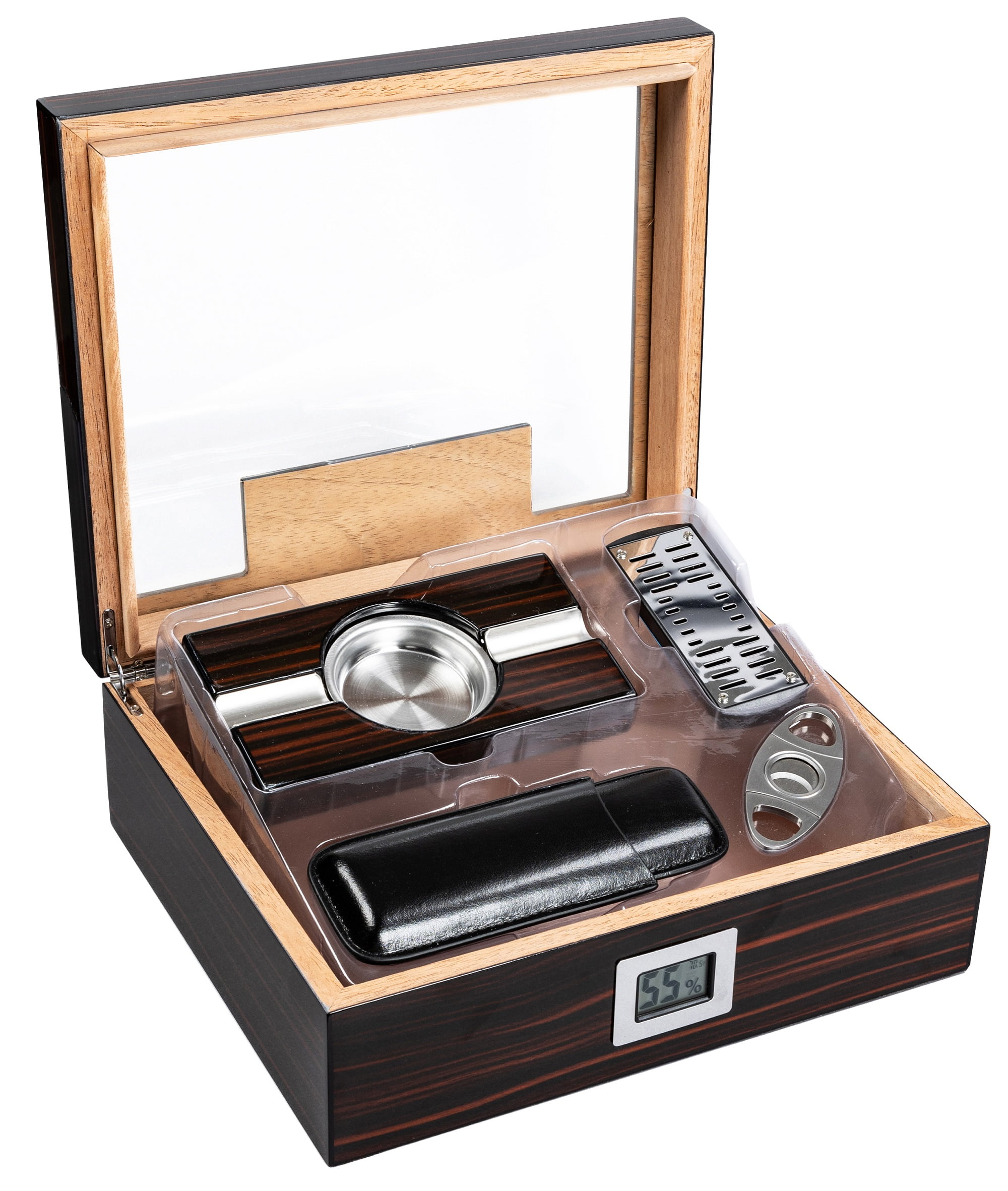 Kensington Cigar Humidor Gift Set w/ External Digital Hygrometer - Cherry Ebony Lacquer Finish - Capacity: 75
