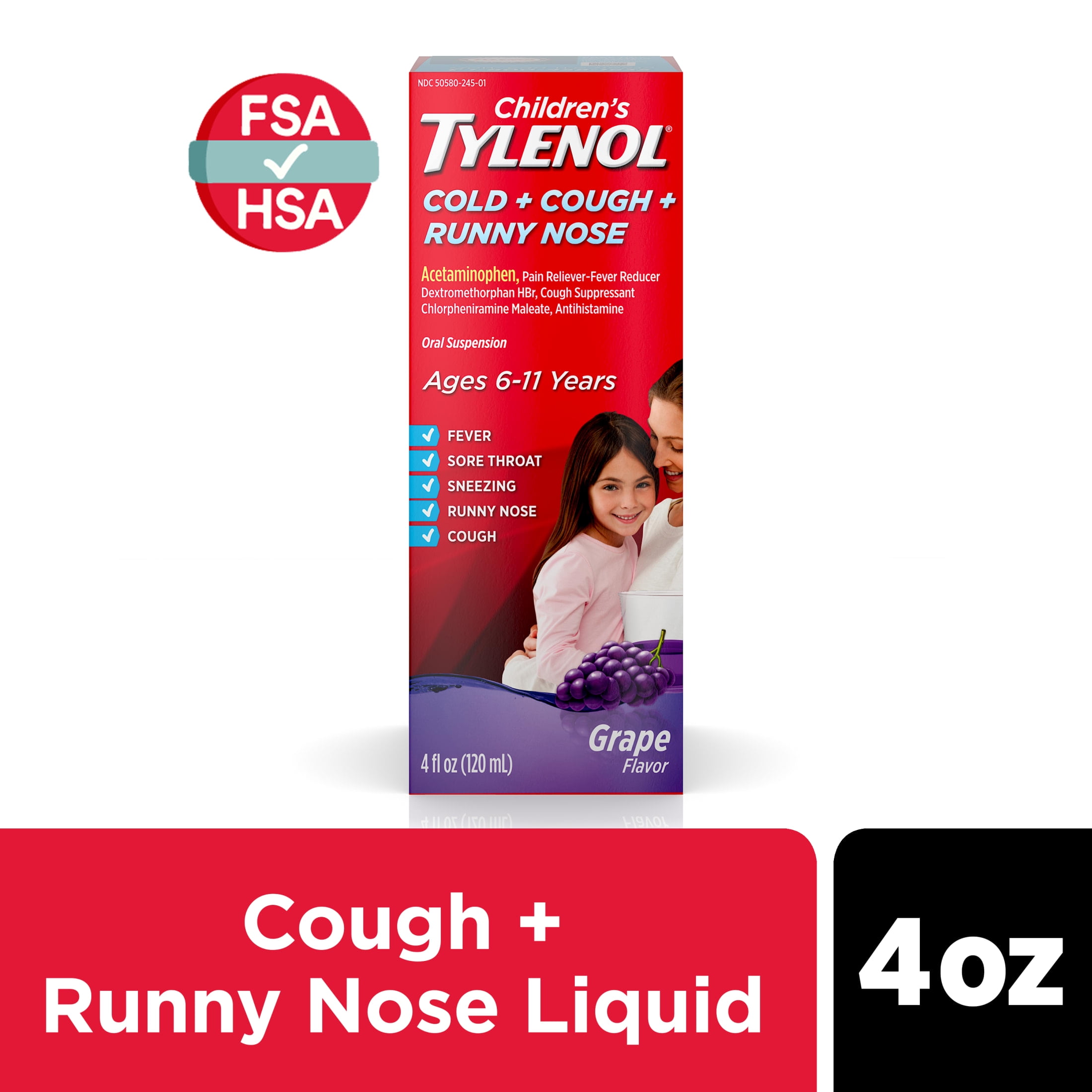 Children's Tylenol Cold + Cough + Runny Nose Medicine, Grape, 4 fl. oz