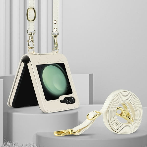 Compatible for Samsung Galaxy Z Flip 5 Case with Card Slots, Shockproof Luxury PU Leather Crossbody Short Lanyard Cover Protective Strap Phone Case for Samsung Galaxy Z Flip 5 Wallet Case, White