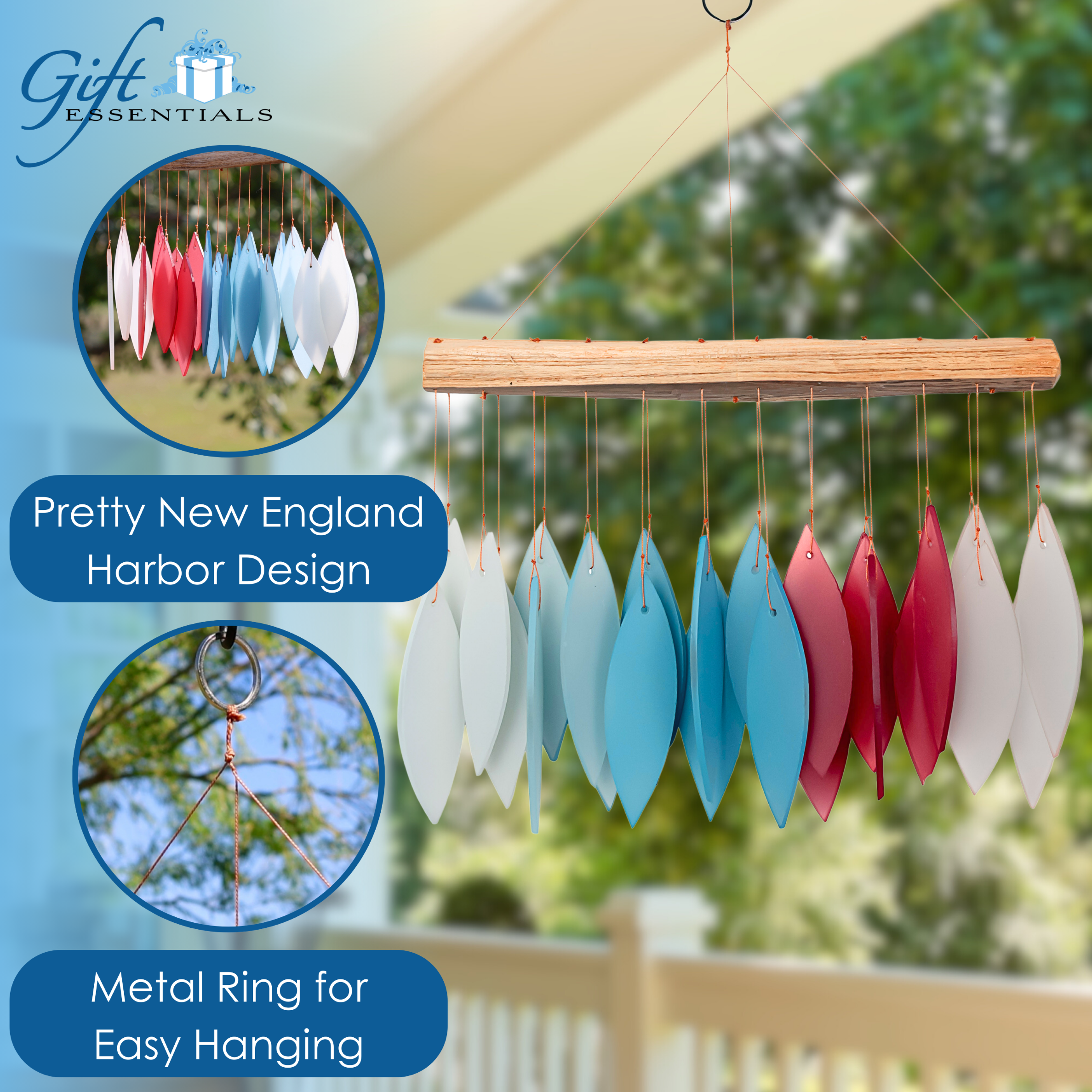 Blue Handworks New England Harbor Glass Leaves Windchime - Sandblasted Glass and Found Wood Handcrafted Wind Chime
