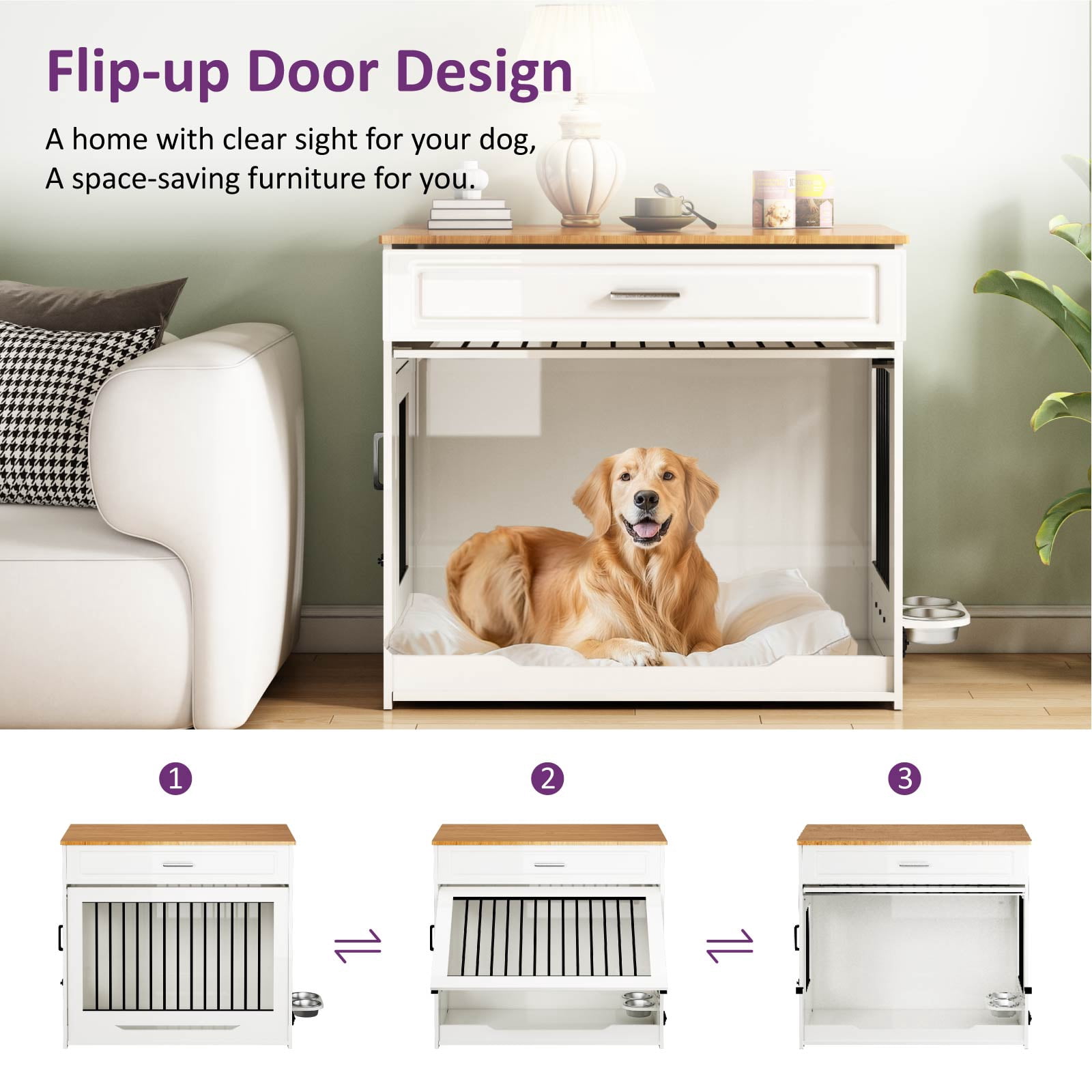 Whifea 37.4'' Large Dog Crate Furniture with Flip-up Door, 360° Rotating Feeder, Furniture Style for Large Dogs, White