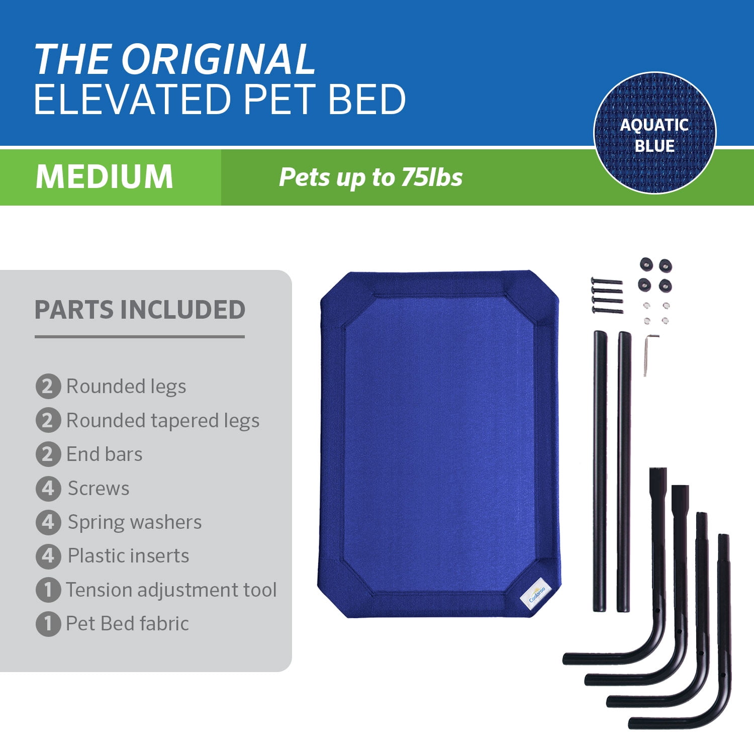 The Original Coolaroo Elevated Pet Dog Bed, Indoor & Outdoor Use, Durable, Cooling, Aquatic Blue, Medium, 42" L x 25.50" W x 8" H