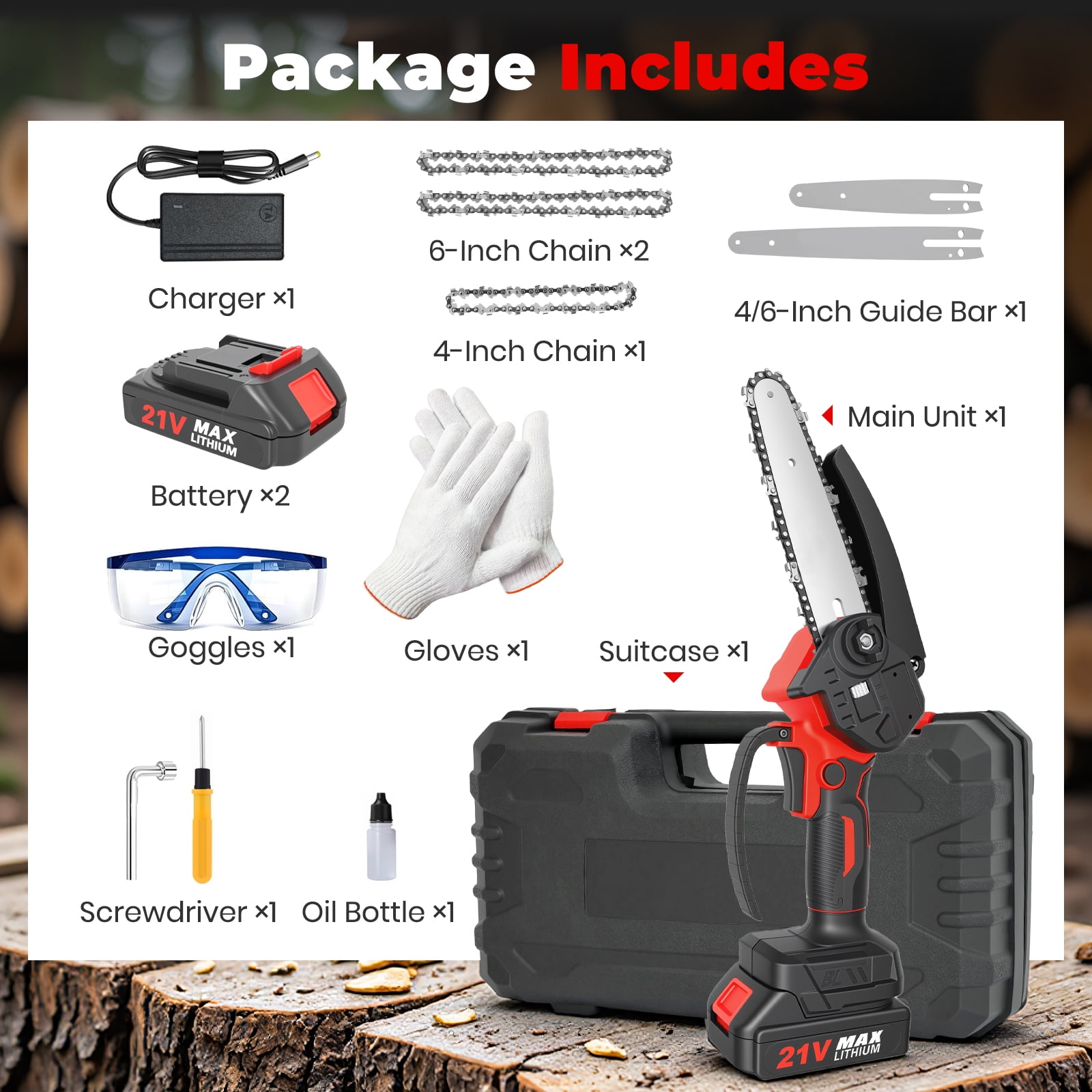 BAOKALER Mini Chainsaw, 4 & 6 inch Handheld Electric Chainsaw with 2×2.0Ah Batteries and 3 Chains for Tree Trimming Wood Cutting, Red