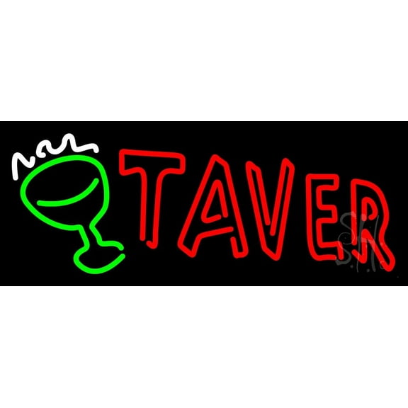 Tavern With Glass LED Neon Sign 10 x 24 - inches, Clear Edge Cut Acrylic Backing, with Dimmer - Bright and Premium built indoor LED Neon Sign for restaurant window and interior decor.