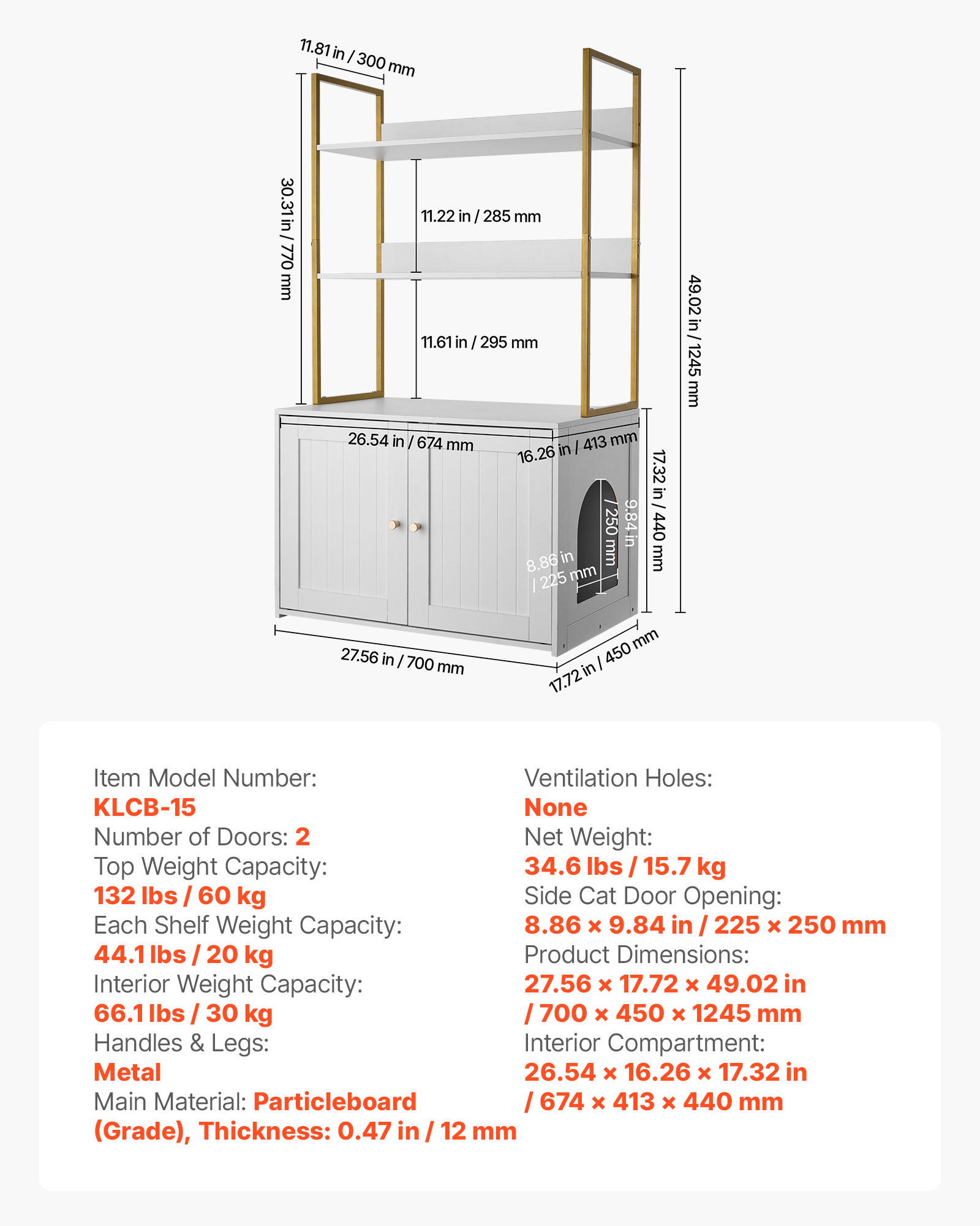 VEVOR Cat Litter Box Enclosure Furniture, 27.6 in Hidden Litter Box Cabinet with Metal Legs & 2-Tier Storage Shelves, Waterproof Cat Washroom Cat House, Fit Most of Litterbox, for Living Room