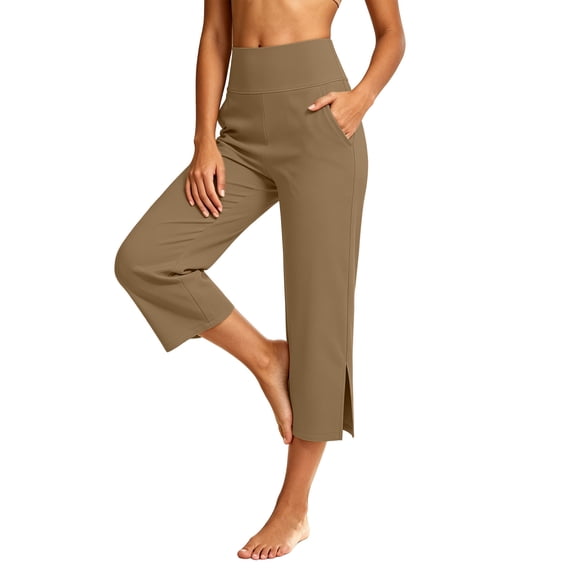 Plus Size Casual Capris New Women's High Waist Yoga Capri Fashion Straight Leg Casual Sports Capri Pants Side Split Soft Comfy Fitness Cropped Trousers Khaki XXL