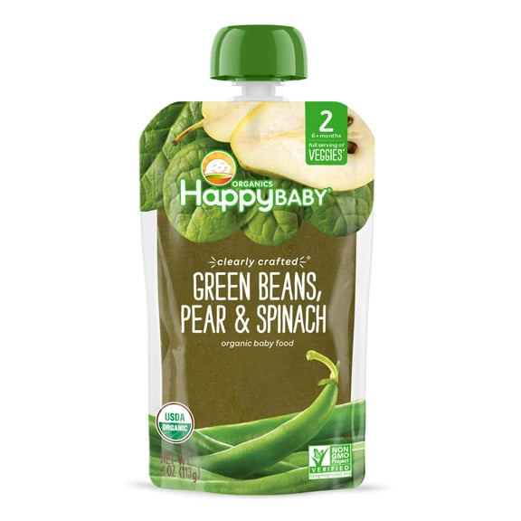 (8 Pouches) Happy Baby Organics Clearly Crafted Green Beans, Spinach & Pears Organic Baby Food Pouch, 4 Oz.