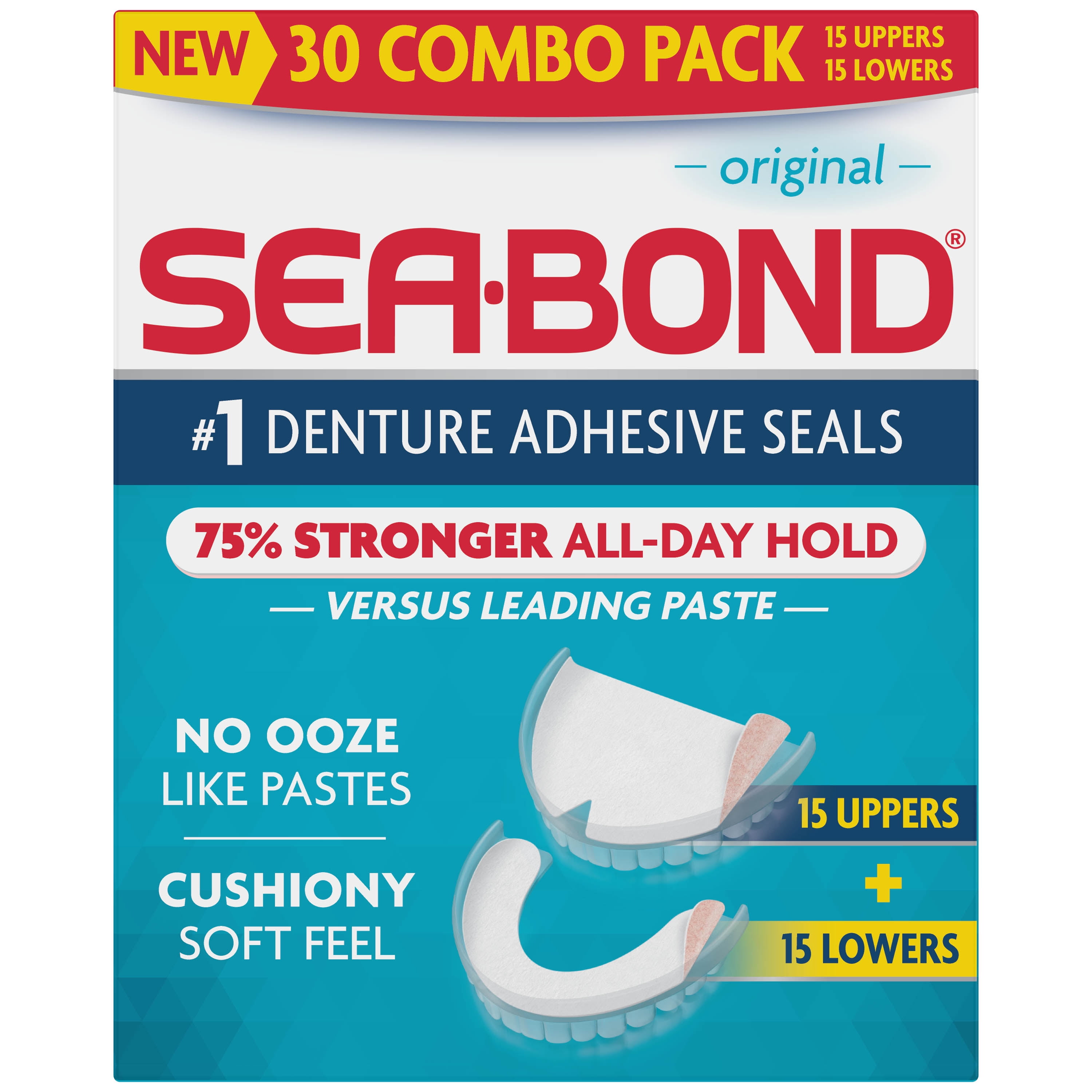 Sea Bond Secure Denture Adhesive Seals Combo Pack, Original Flavor, 15 Uppers and 15 Lowers