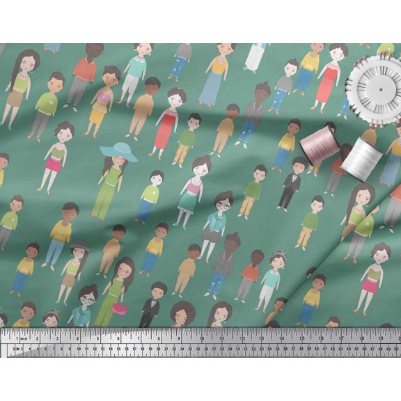 Soimoi Green polyester Crepe Fabric Crowd Theme Human Figure Printed Craft Fabric by the Yard 42 Inch Wide