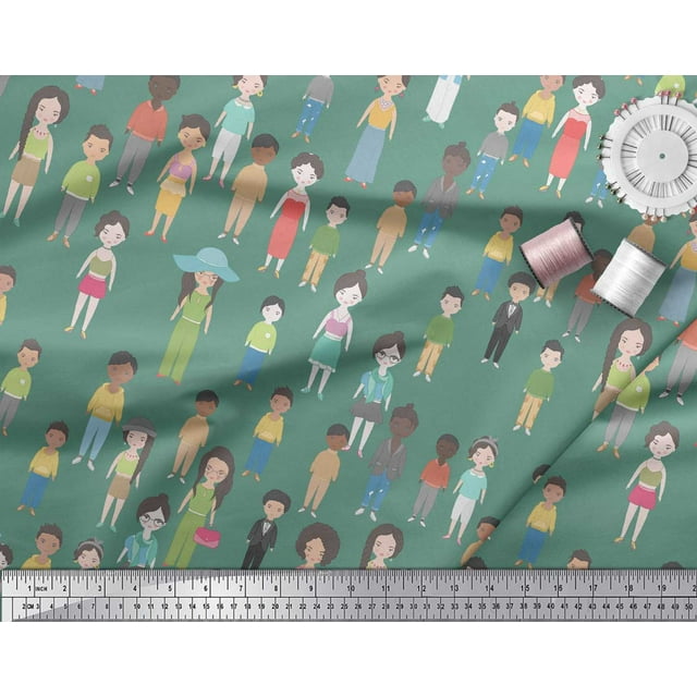 Soimoi Green polyester Crepe Fabric Crowd Theme Human Figure Printed Craft Fabric by the Yard 42 Inch Wide