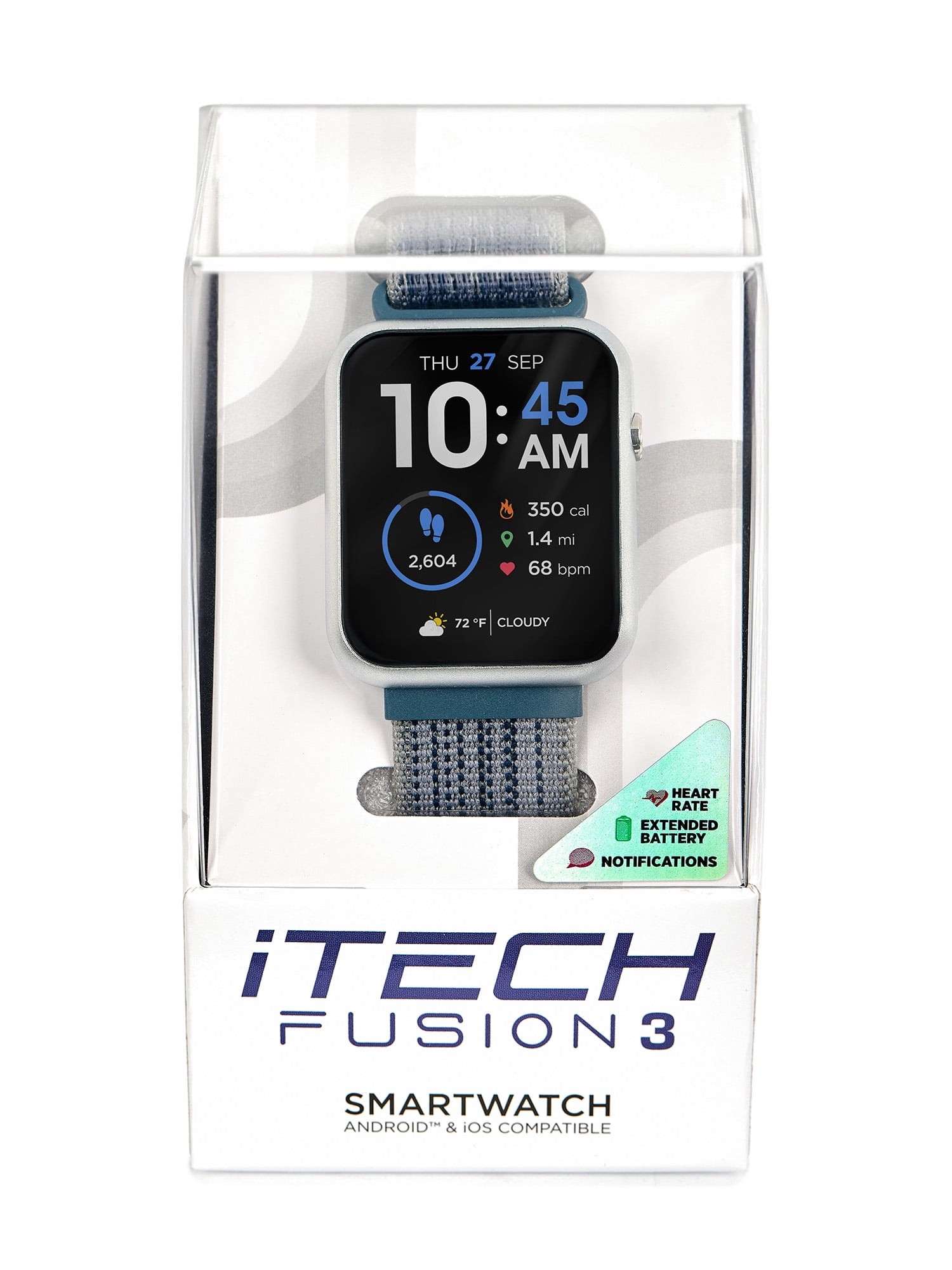 iTech Fusion 3 Unisex Adult Rectangular Smart Watch, Blue, Grey, Stretch Sports Band