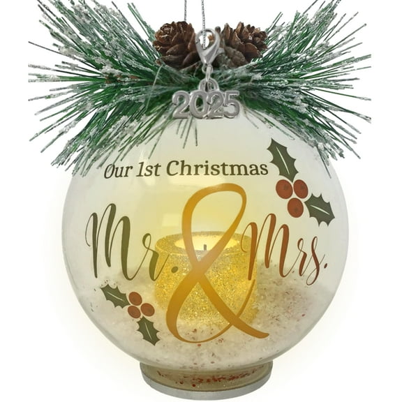 Our First Christmas Lighted Glass Ball Ornament with Glittery Snow, Pine Cones, and Christmas Greenery - 1931