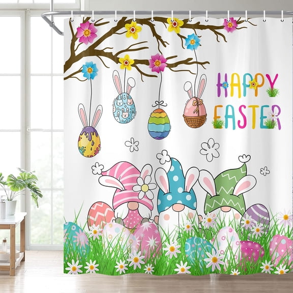 pipaio Easter Gnome Shower Curtain Happy Easter Cute Gnome Bathroom Decor Set, Cloth Fabric Bathroom Decor Set with Hooks Spring Holiday Shower Curtain 72X72in Teal Pink