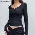 thumbnail image 3 of Camisetas básicas para mujer, cuello cuadrado grunge, color liso, informales, de manga larga, ajustadas, con botones, para otoño, 3 of 6
