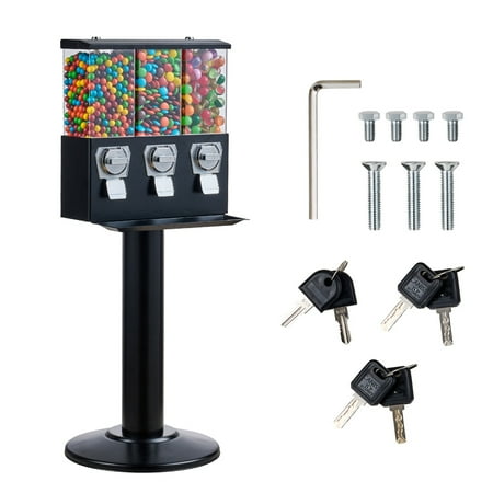 KFFKFF Black Gum Ball with Stand Vending Machine 44in Height Freestanding Commercial 25 Cents Coin Operated Gumball Bank 3 Compartment Candy Dispenser Vintage Candy Dispenser