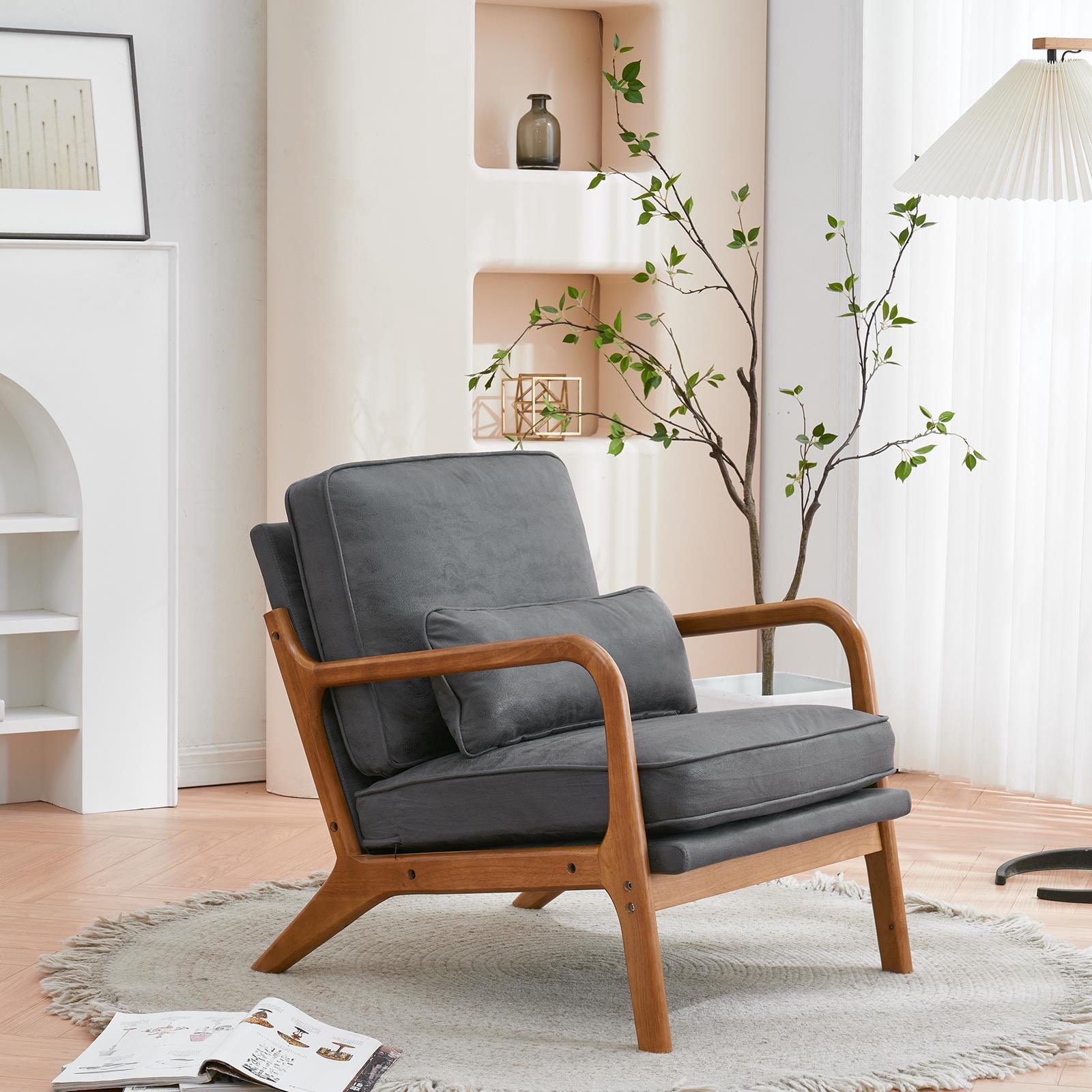 UBesGoo Modern Wood Club Chair Bronzing Cloth Fabric Upholstered Reading Accent Chair with Solid Wood Frame Brown
