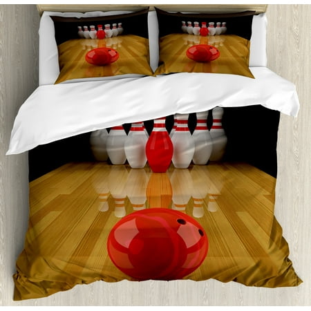 Bowling Party Duvet Cover Set Alley With Red Skittle In Center