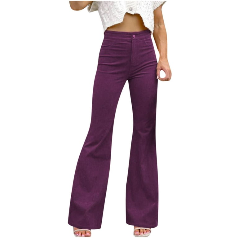 XFLWAM Women's High Waist Flare Pants Casual Wide Leg Bell Bottom Leggings  Trousers Solid Color Plus Size Loose Comfy Lounge Pants with Pockets Purple