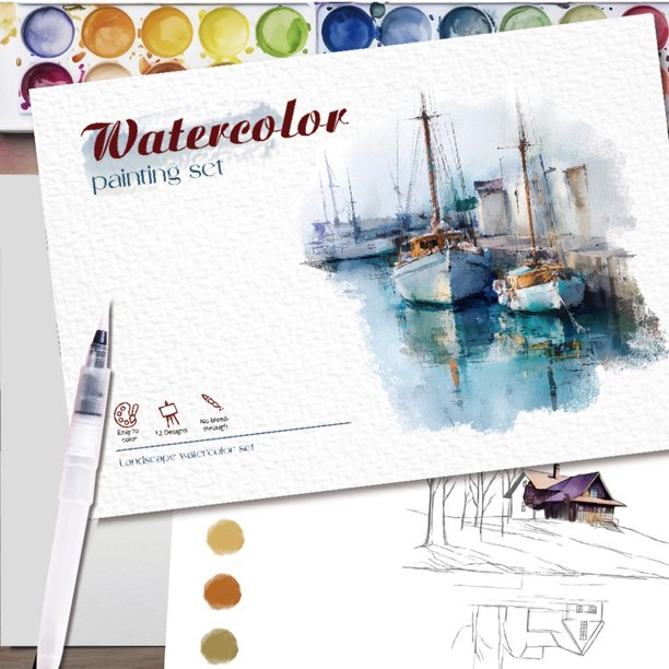 Kids Watercolor Painting Set- DIY Watercolor Painting Pad With Pigments - Beautiful Scenery Series