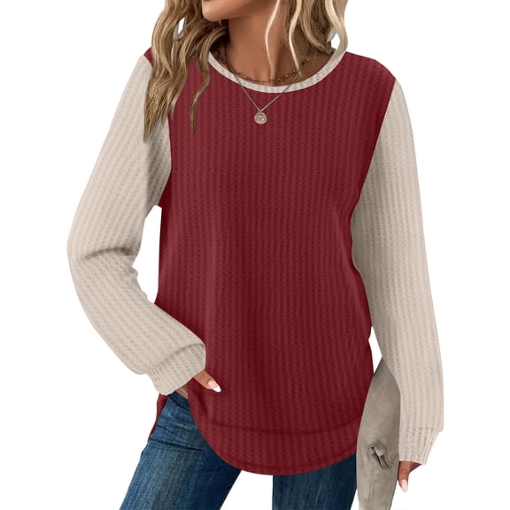 Shirts for Women Waffle Knit Contrast Long Sleeve Shirts Dressy Tunics Casual Crewneck T Shirts Red XL