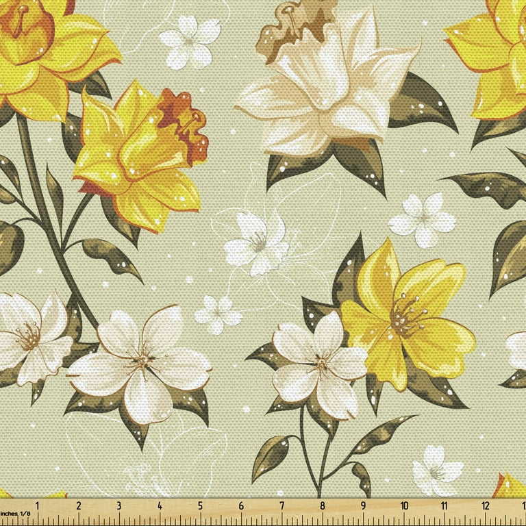 Ambesonne Vintage Fabric by The Yard, Narcissus Blossoms Little Wildflowers Green Leaves Classical, Decorative Upholstery Fabric for Sofas and Home Accents