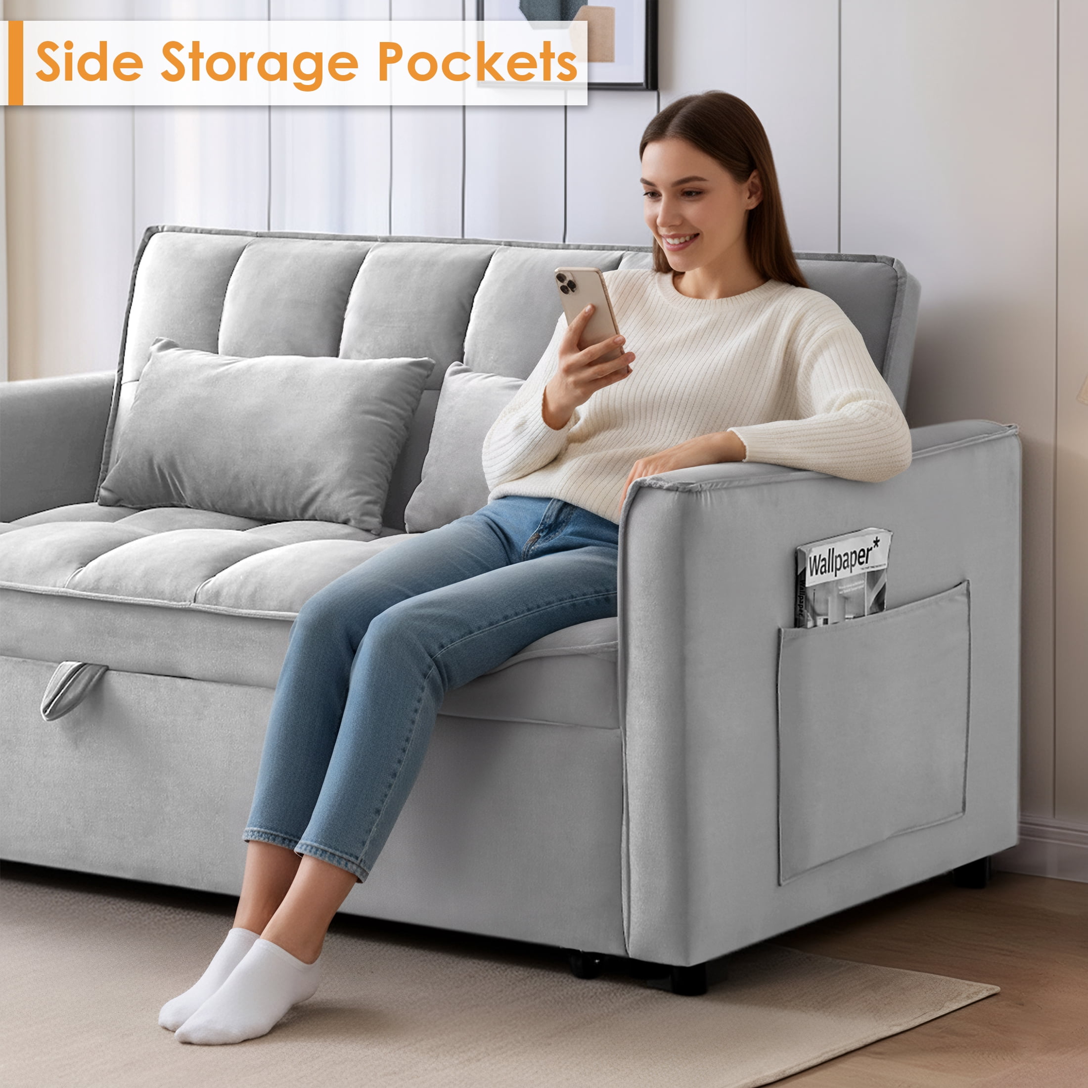Howcool Convertible Sofa Bed, 3-in-1 Modern Velvet Pull-Out Couch with Side Storage Pocket and Adjustable Backrest, Gray