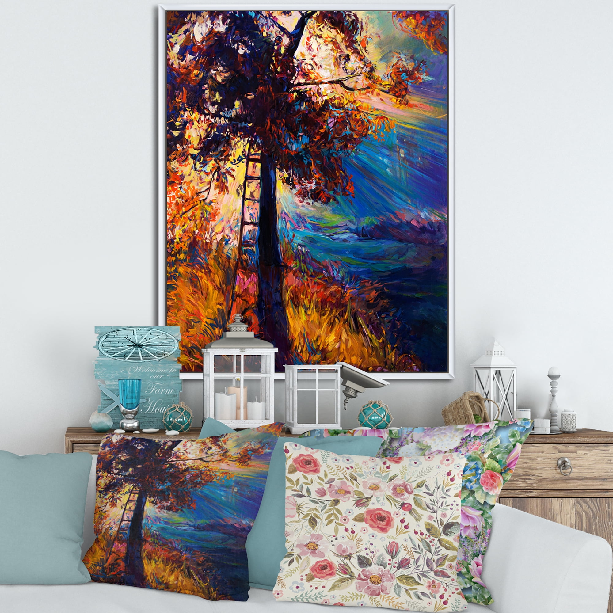Silhouette Of Autumn Tree In The Sunset Glow 24 in x 32 in Framed Painting Canvas Art Print, by Designart