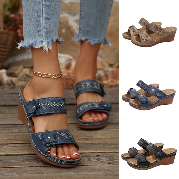 Zefriona Women's Casual Wedge Sandals Slip On Floral Open Toe Comfortable Summer Beach Slides Black Size 6