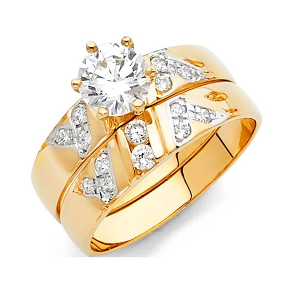 14k Yellow Gold CZ High Polished Wedding Ring Trio Set Bride & Groom