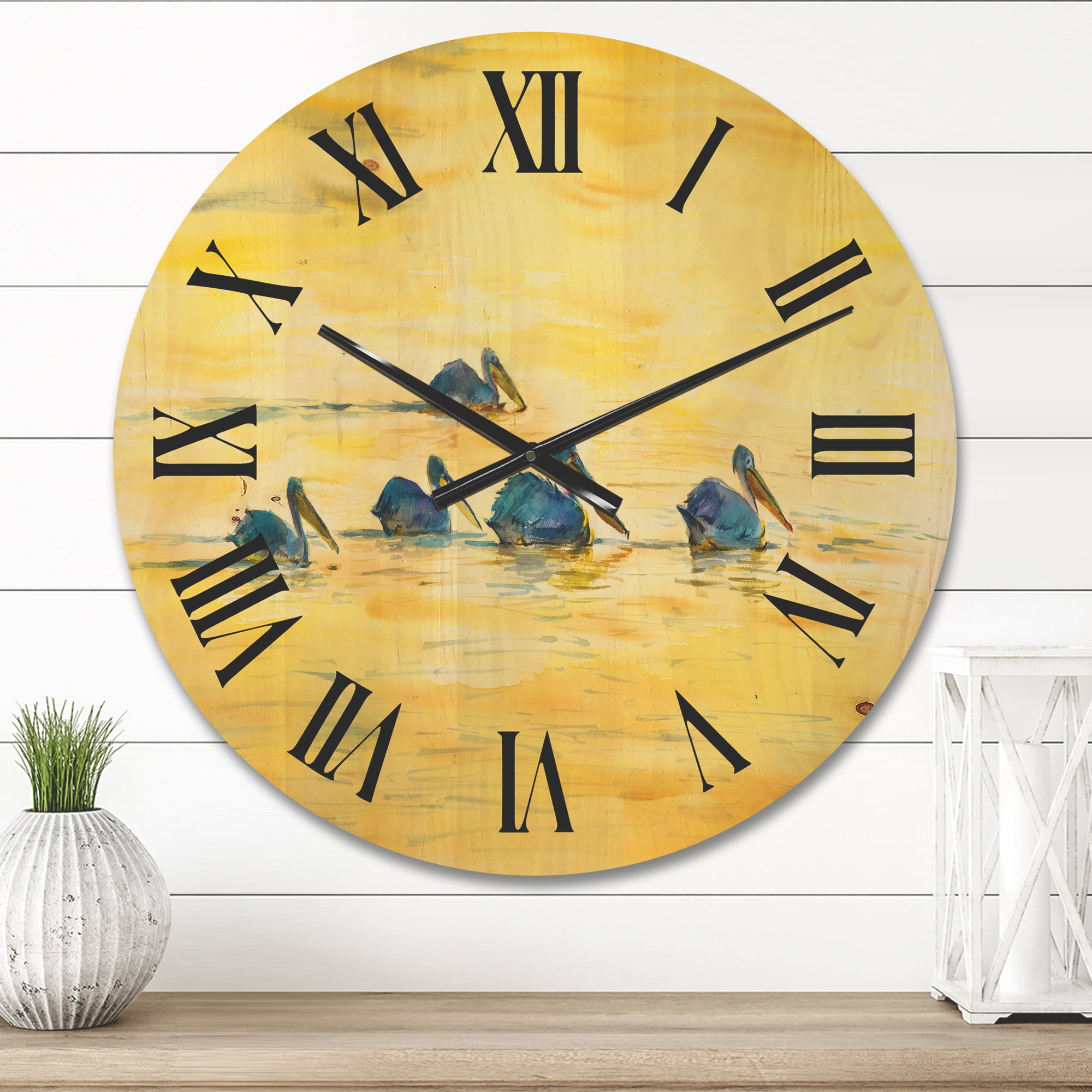 Designart 'Pelicans Birds On The Yellow River' Farmhouse Wood Wall Clock