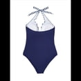 thumbnail image 4 of Trajes de Baño de una Pieza con Control de Abdomen para Mujer, Trajes de Baño Push Up con Cuello Halter Azul y Rayas S, 4 of 8