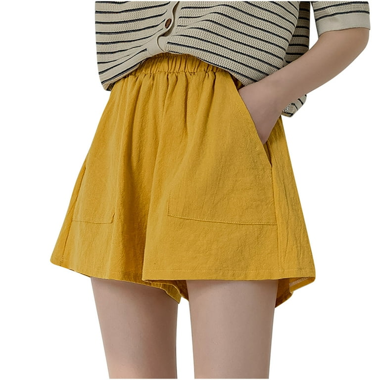 Aueoeo Summer Shorts for Women, Women's Summer Casual Elastic Shorts Solid  Color Cotton Line Shorts Wide Leg Shorts Flowy Shorts With Pockets 